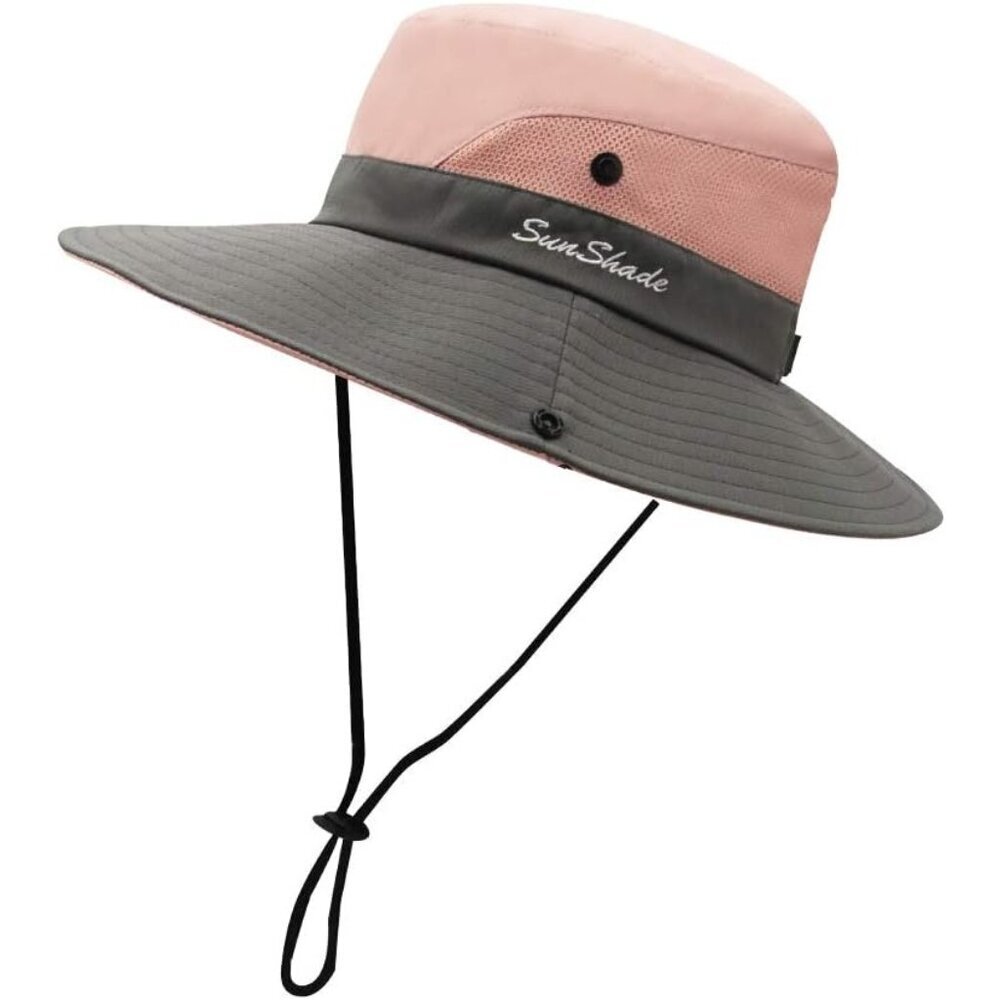 Unisex Pink & Gray Polyester Wide Brim Mesh Vent Chin Strap Classic Cowboy Hat
